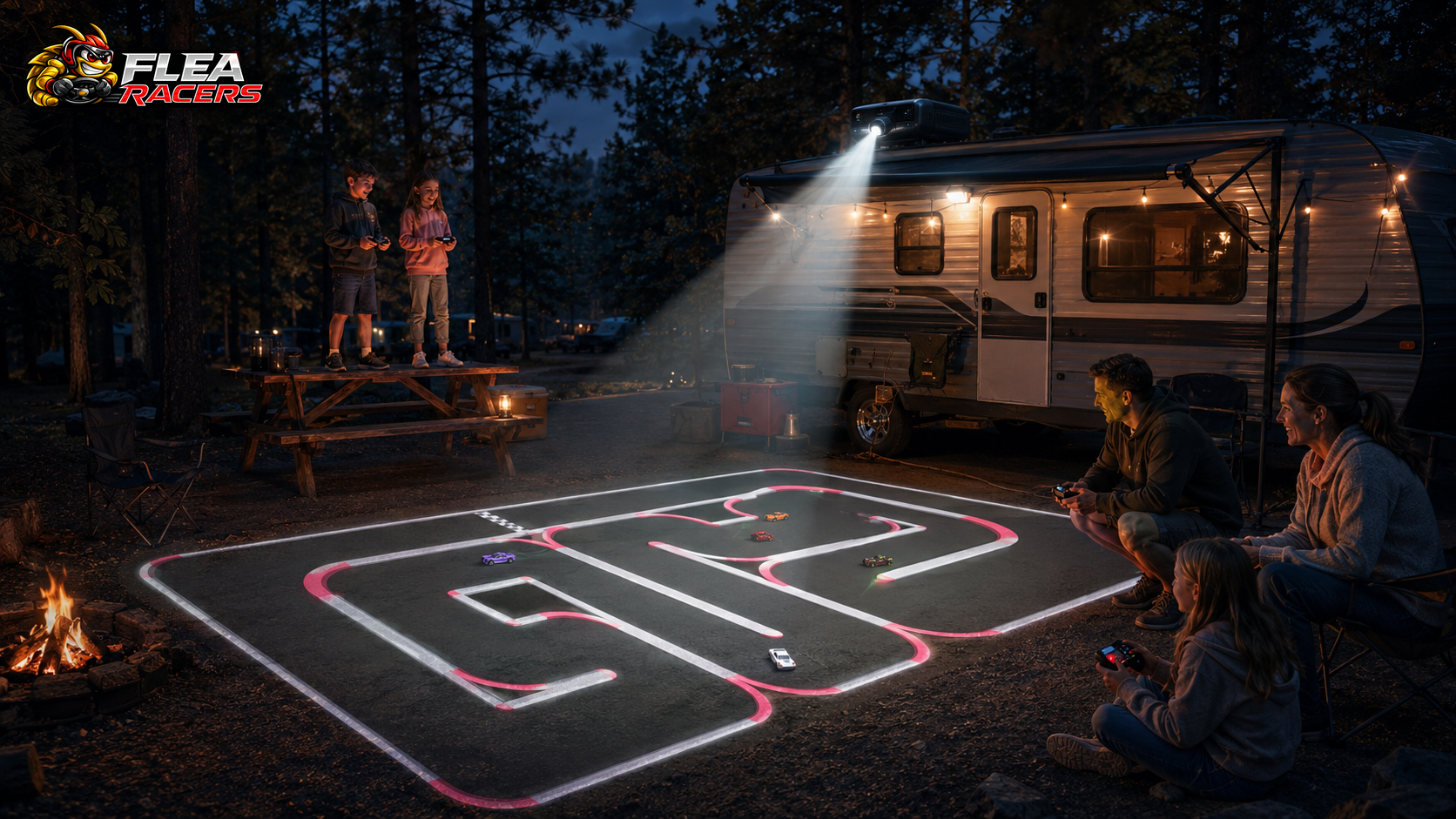 Flea Racers projector mode: a track projected onto the ground at a campsite, four people racing